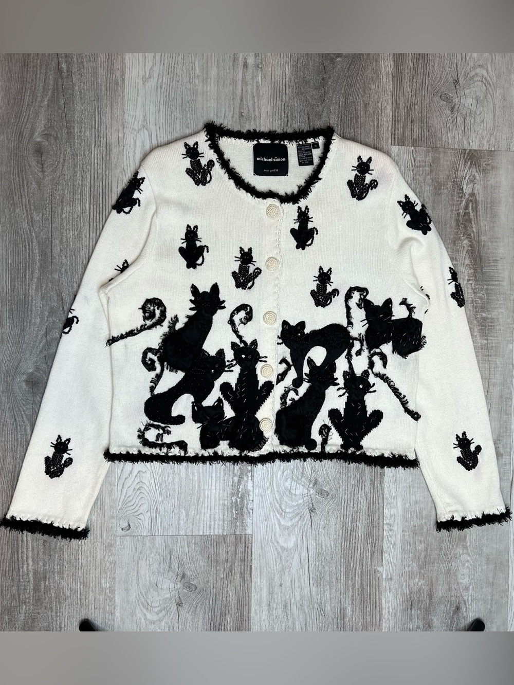Vintage Michael Simon Knit Black Cat Button up Cardigan size XL Grannycore - Picture 3 of 15